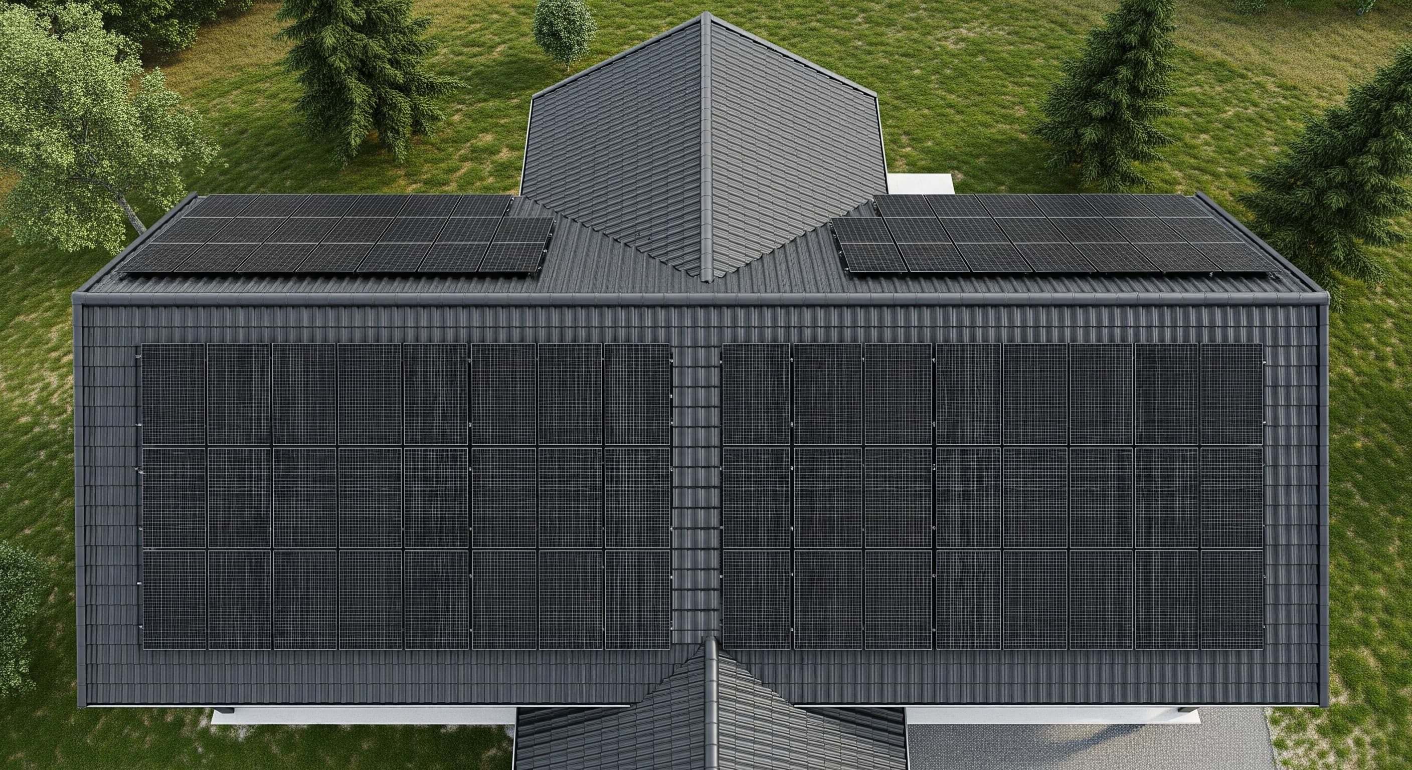 A modern home with solar panels on the roof
