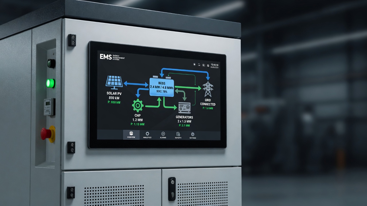 Energy Management System control cabinet with HMI showing power system flow for solar, BESS, CHP and generators