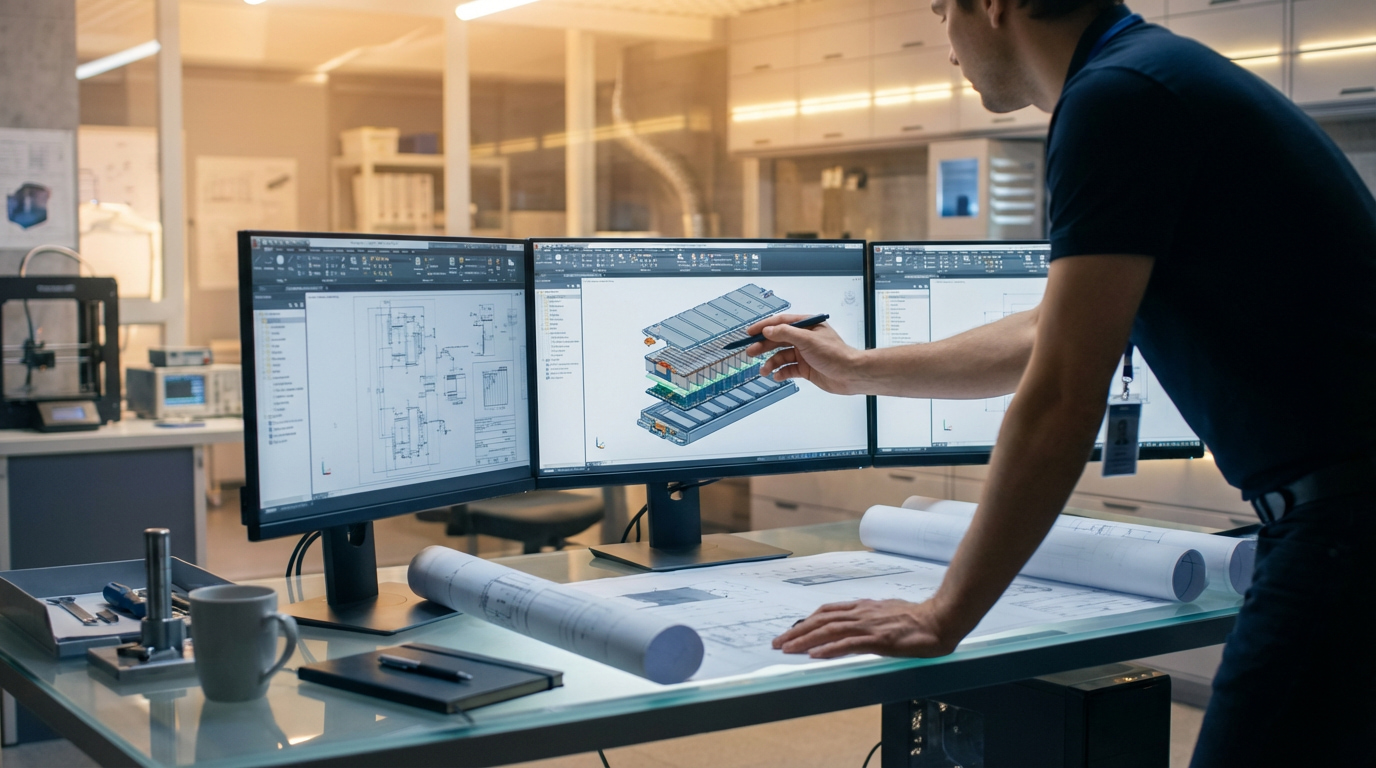 Chartered engineer reviewing energy project drawings and technical documentation