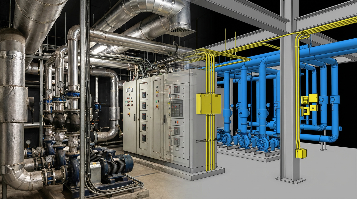 Detailed 3D model of a mechanical and electrical plant room showing pipework and switchgear