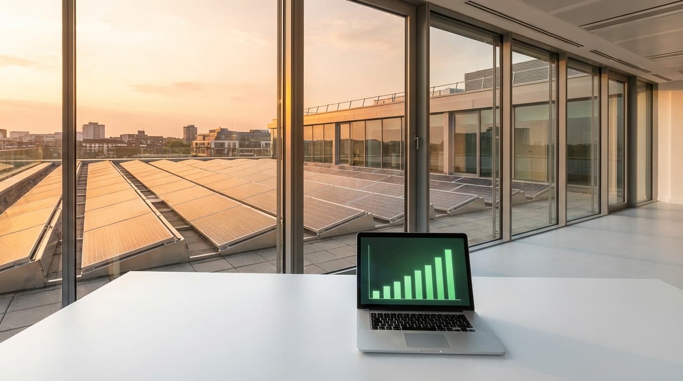 Modern Irish commercial building flat rooftop solar installation visible through a large panoramic window