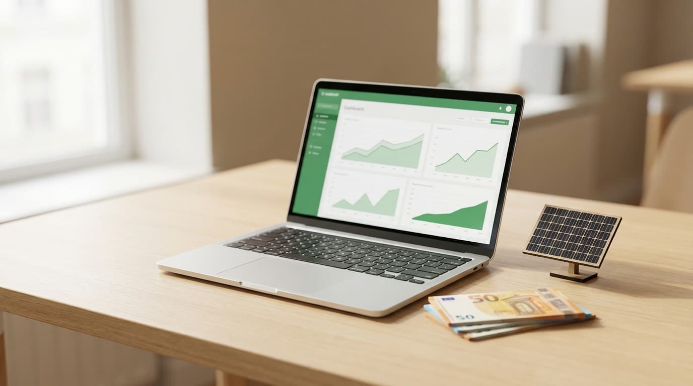 A slim silver laptop open with a financial dashboard, a mini solar panel and a stack of €50 notes